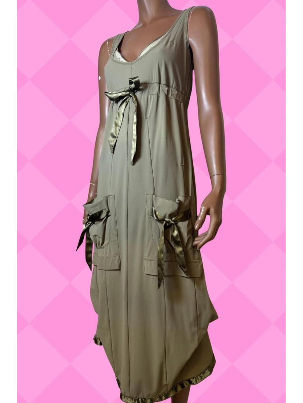 MC Planet Fatigue Green Midi Dress with Satin Bow Accents military style M